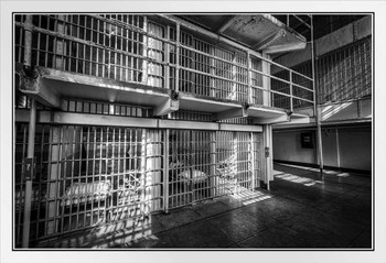 Prison Cells Alcatraz Prison San Francisco B&W Photo Photograph White Wood Framed Poster 20x14