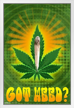 Got Weed Marijuana Leaf Joint Psychedelic Trippy Vintage 70s Weed Dope Mary Jane 420 White Wood Framed Poster 14x20