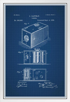 First Film Camera By George Eastman Official Patent Blueprint 1888 Diagram Sketch White Wood Framed Art Poster 14x20