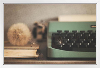 Vintage Typewriter and Dandelion Photo Photograph White Wood Framed Poster 20x14