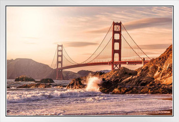 Golden Gate Bridge from Baker Beach at Dusk Photo Photograph White Wood Framed Poster 20x14
