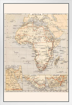 Africa Vintage Antique Style Travel World Map with Cities in Detail Map Posters for Wall Map Art Wall Decor Geographical Illustration Tourist Travel Destinations White Wood Framed Art Poster 14x20