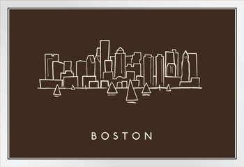 Boston City Skyline Pencil Sketch White Wood Framed Poster 20x14