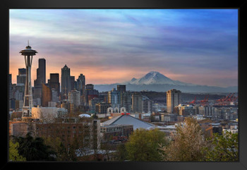 Seattle Sunrise with Mount Rainier Space Needle Photo Photograph White Wood Framed Art Poster 20x14