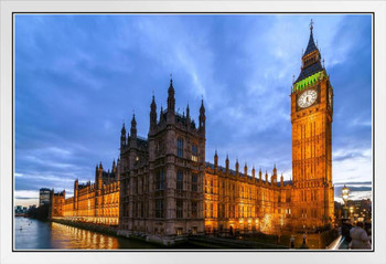 Big Ben Houses of Parliament London England Illuminated at Night Photo Photograph White Wood Framed Poster 20x14