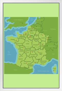 Regions of France Map White Wood Framed Poster 14x20