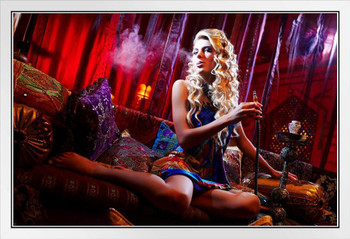 Beautiful Blonde Hookah Girl Smoking in Lounge Photo Photograph White Wood Framed Poster 20x14