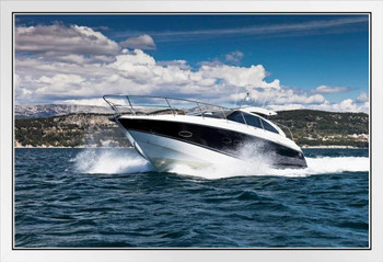 Fast Yacht Speedboat Speeding Through Water Photo Photograph White Wood Framed Poster 20x14
