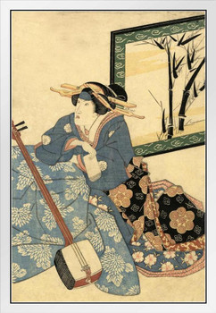 Traditional Japanese Woodblock Female Musician in Kimono Japanese Art Poster Traditional Japanese Wall Decor Hiroshige Woodblock Artwork Asian Print Decor White Wood Framed Art Poster 14x20