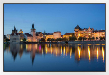 Prague Old Buildings Water Reflection At Night Skyline Photo White Wood Framed Poster 20x14
