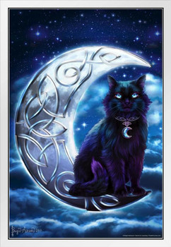 Celtic Black Cat by Brigid Ashwood Moon Fantasy Cat Poster Funny Wall Posters Kitten Posters for Wall Funny Cat Poster Inspirational Cat Poster Dark Magic White Wood Framed Art Poster 14x20