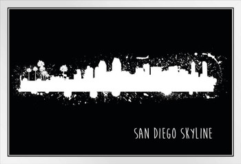 San Diego California Paint Splat Black and White B&W Skyline White Wood Framed Poster 20x14