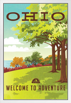 Ohio Welcome To Adventure Retro Travel Art White Wood Framed Art Poster 14x20