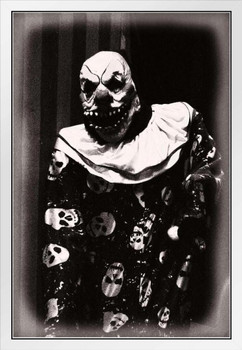 Creepy Clown with Scary Teeth Black and White B&W Photo Photograph Spooky Scary Halloween Decorations White Wood Framed Art Poster 14x20