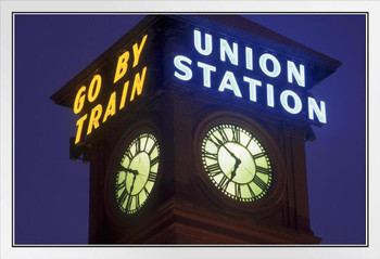 Clock Tower at Union Station Portland Oregon Photo Photograph White Wood Framed Poster 20x14