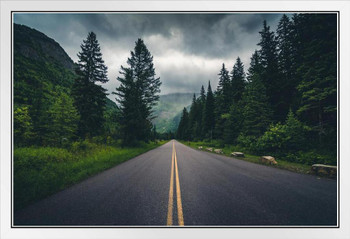 Empty Driving Road Through Mountain Forest Landscape Photo Photograph White Wood Framed Poster 20x14