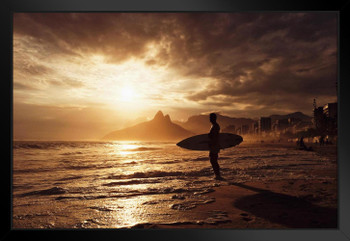 Surfer On Ipanema Beach Sunset Rio De Janeiro Brazil White Wood Framed Poster 20x14