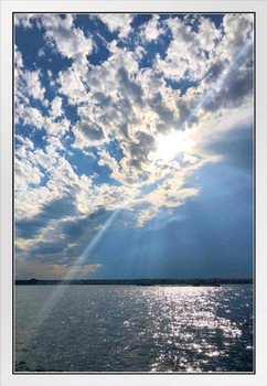 Afternoon Sky Moody Clouds Sunburst Ocean Maine Coast Landscape Photo White Wood Framed Poster 14x20