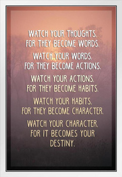Watch Your Thoughts Sunset Photo Motivational Inspirational Teamwork Quote Inspire Quotation Gratitude Positivity Support Motivate Sign Good Vibes Social Work White Wood Framed Art Poster 14x20