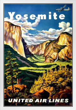 Visit Yosemite National Park California Half Dome Mountain Fly United Air Lines Camping Hiking Rock Climbing Nature Vintage Illustration Travel White Wood Framed Poster 14x20