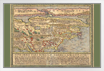 Antique North America Antique Map Circa 1500s Early Colonizers Latin Language Vintage Americas Map Atlantic Ocean White Wood Framed Art Poster 14x20