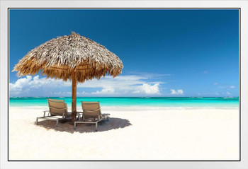 Beach Chairs Under Umbrella On Beautiful Sand Beach Photo Photograph White Wood Framed Poster 20x14