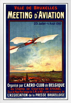 French Meeting D Aviation Show Ville De Bruxelles 1910 Belgium Brussels Vintage Illustration Travel White Wood Framed Poster 14x20