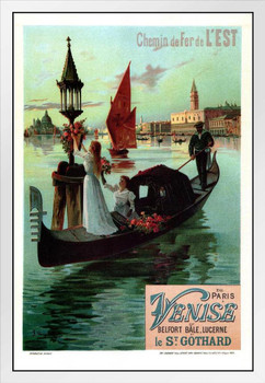 Visit Italy Venise Venice Chemin de Fer Gondola Canal Festival Vintage Illustration Travel White Wood Framed Poster 14x20