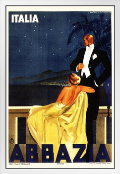 Italy Abbazia Elegant Couple Tuxedo Gown At Night Vintage Illustration Travel White Wood Framed Poster 14x20