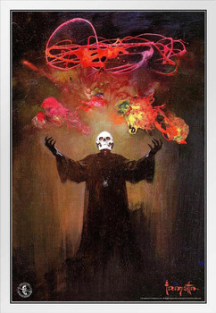 Frank Frazetta Skull King Horror Science Fiction Fantasy Artwork Artist Retro Vintage Classic Comic Book Magazine Skeleton Spooky Scary Halloween Decorations White Wood Framed Art Poster 14x20