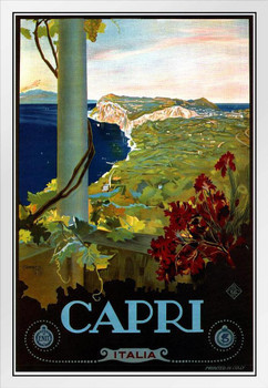 Visit Capri Italy Ocean Historic Coastal Town City Vintage Illustration Travel White Wood Framed Poster 14x20