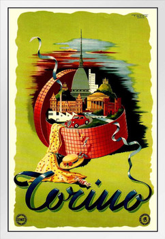 Torino Italy Vintage Illustration Travel White Wood Framed Poster 14x20