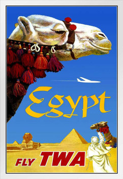 Visit Egypt Fly TWA Airlines Camel Pyramids Sphynx in Desert Vintage Illustration Tourism Travel White Wood Framed Poster 14x20