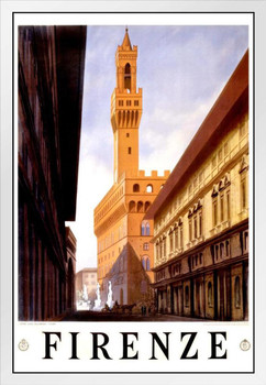 Italy Firenze Florence Visit Historic City Vintage Illustration Travel White Wood Framed Poster 14x20