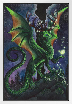 Dream Keeper Dream Catcher Dragon by Carla Morrow Fantasy Poster Green Dragon Nature Mystical White Wood Framed Art Poster 14x20