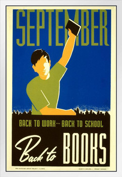 September Back To School Work Books Retro Vintage WPA Art Project White Wood Framed Poster 14x20