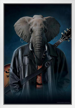 Elephice Cooper Elephant With Guitar by Vincent Hie Rock Star Parody White Wood Framed Poster 14x20