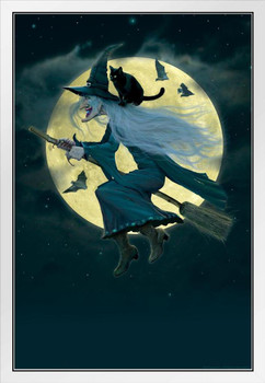 Witch Flying Broom Moon by Vincent Hie White Wood Framed Poster 14x20