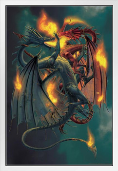 Clash of the Titans Fire Breathing Dragons Fighting by Vincent Hie Fantasy Poster Red Green Dragon White Wood Framed Art Poster 14x20