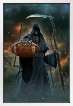 Come And Get It Grim Reaper Holding Football by Vincent Hie Fantasy White Wood Framed Poster 14x20