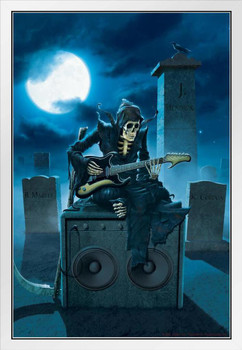 Tribute Skeleton Musician Playing Electric Guitar by Vincent Hie White Wood Framed Poster 14x20