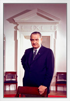 Lyndon Baines Johnson LBJ Official 1963 Presidential Portrait 36th President Photograph Head Portrait White House America United States POTUS White Wood Framed Art Poster 14x20