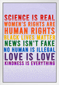Science Is Real Black Lives Matter Womens Rights LGBTQIA Kindness Rainbow Purple White Wood Framed Poster 14x20