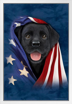 Cute Black Puppy in American Flag by Vincent Hie Patriotic Animal White Wood Framed Poster 14x20