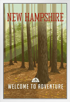 New Hampshire Forest Welcome To Adventure Retro Travel White Wood Framed Art Poster 14x20
