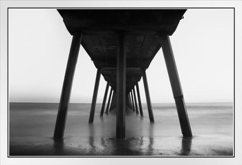 Under Santa Monica Beach Pier Black And White Infrared Exposure Photo White Wood Framed Poster 20x14