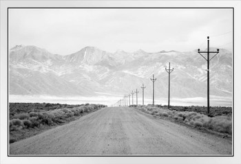 Lone Road Power Lines Leading To San Juan Mountain Range Black And White Photo White Wood Framed Poster 20x14