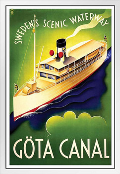 Gota Canal Sweden Vintage Illustration Travel Art Deco Vintage French Wall Art Nouveau 1920 French Advertising Vintage Poster Prints Art Nouveau Decor White Wood Framed Art Poster 14x20