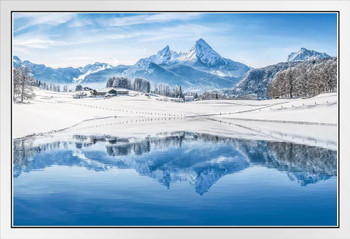 Winter Wonderland Alps Reflecting in Mountain Lake Photo Photograph White Wood Framed Poster 20x14