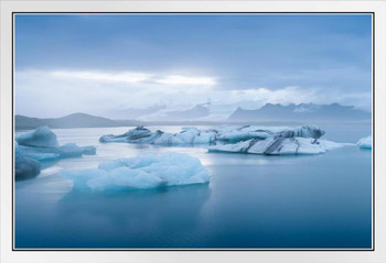 Glacier Lagoon In Jokulsarlon Lake Iceland Sunset Photo White Wood Framed Poster 20x14